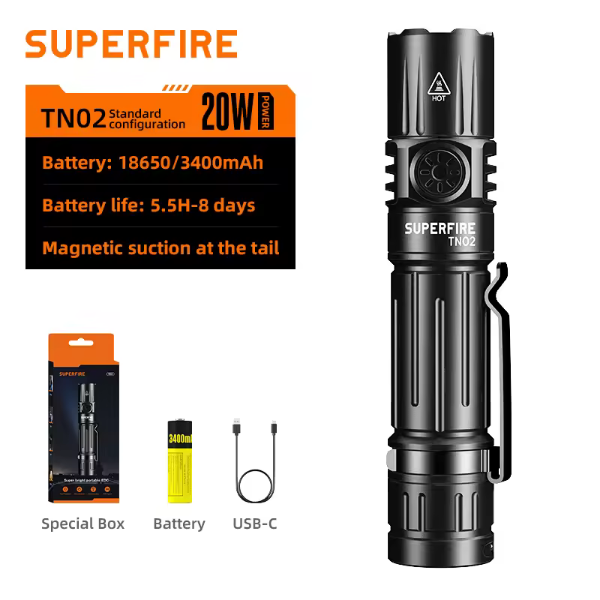 SUPERFIRE TN02 Magnetic Rechargeable Tactical Flashlight - 1800LM LED Torch