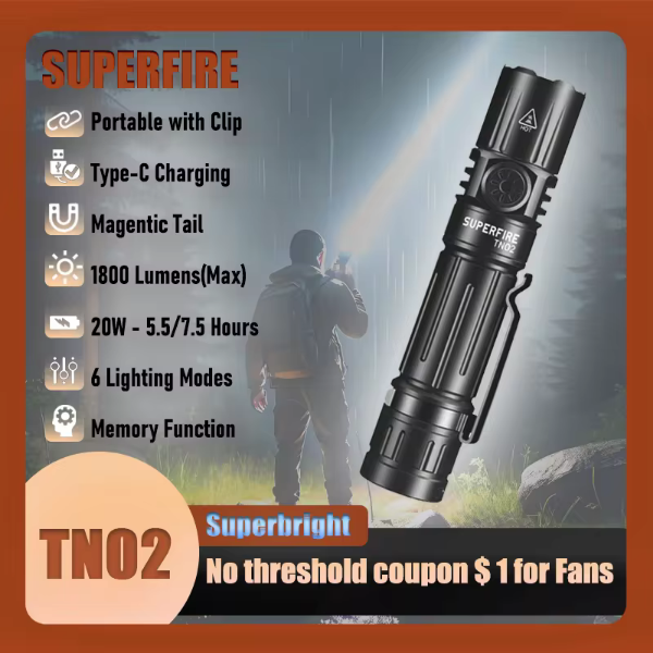 SUPERFIRE TN02 Magnetic Rechargeable Tactical Flashlight - 1800LM LED Torch