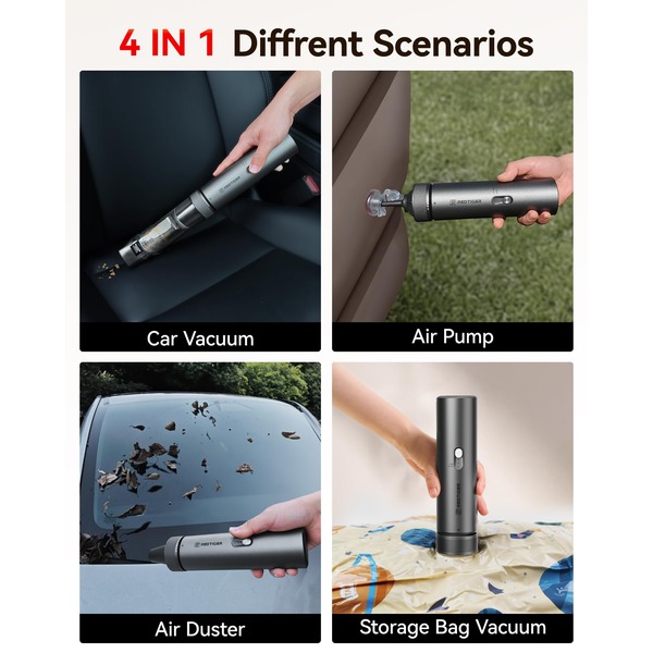 REDTIGER Cordless Car Vacuum Cleaner - 70 Min Runtime, USB-C Fast Charge