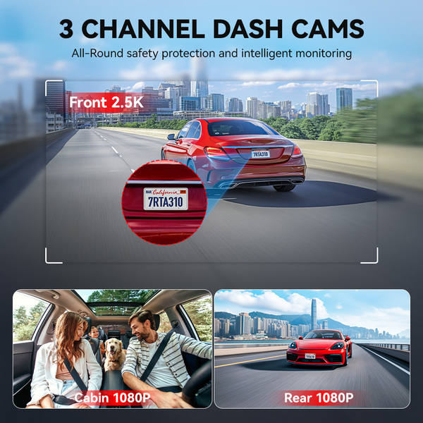 Redtiger A3 3-Channel Dash Cam with 2.5K Front + 1080P Cabin & Rear, 3.18"