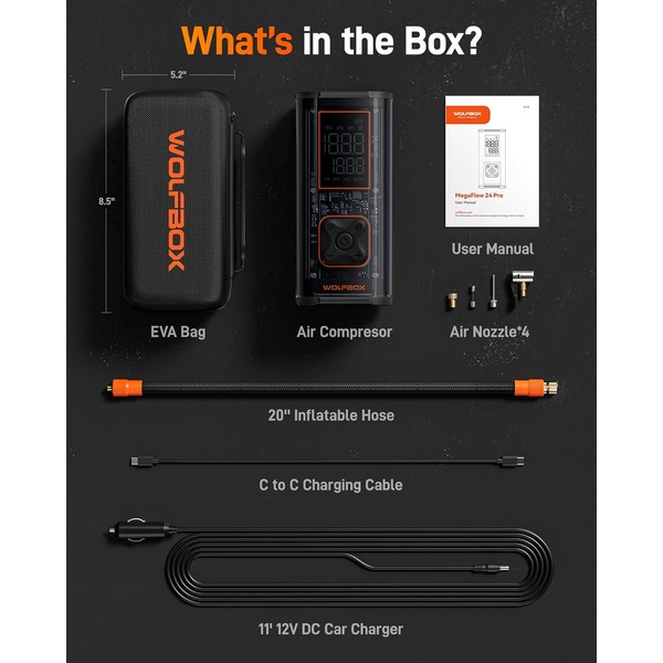 Wolfbox 12000mAh & 150PSI Heavy Duty Tire Inflator - Double-Cylinder 58LPM