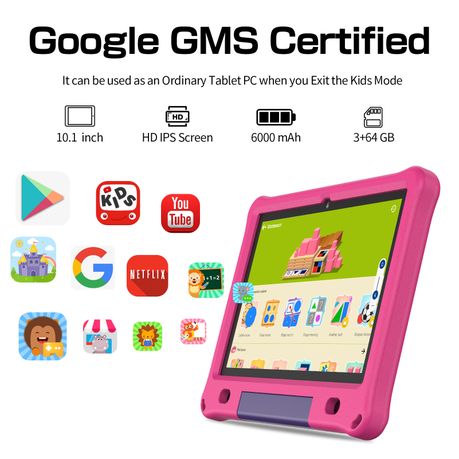 PRITOM Learning Kids Tablet 10.1" HD - 3GB RAM, 64GB Storage, WiFi - Pink