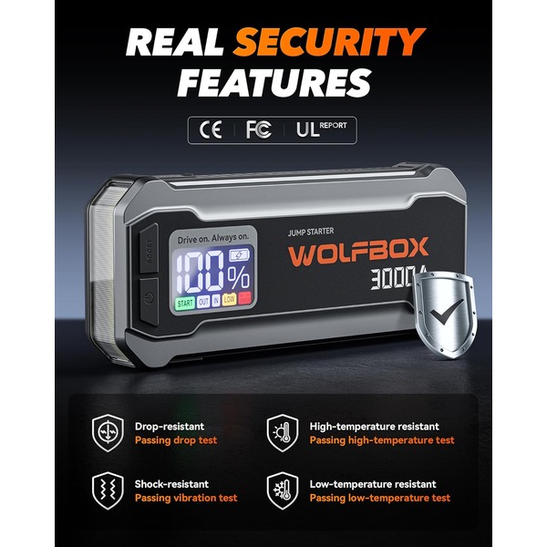 Wolfbox 3000A Jump Starter - 12V Car Battery Jump Starter, 65W Quick Charge