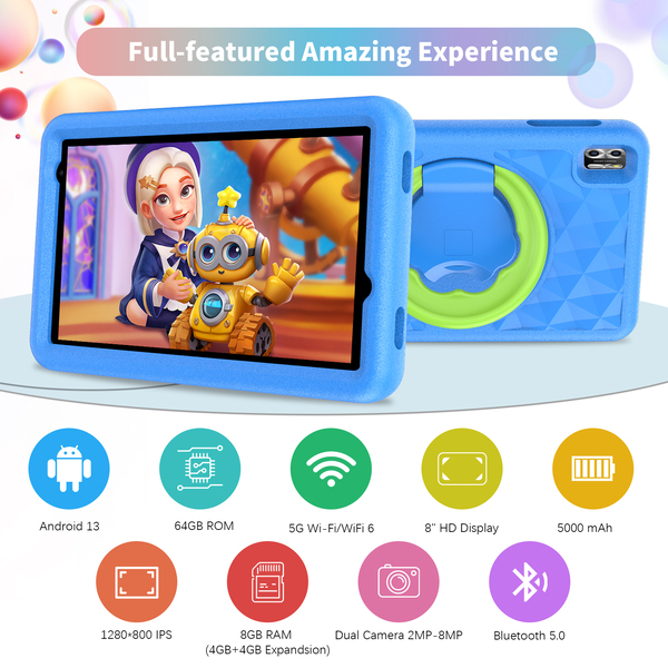 Pritom Tab 8 Pro Kids - 8GB RAM, 64GB ROM, Parental Controls, 5000mAh - Blue