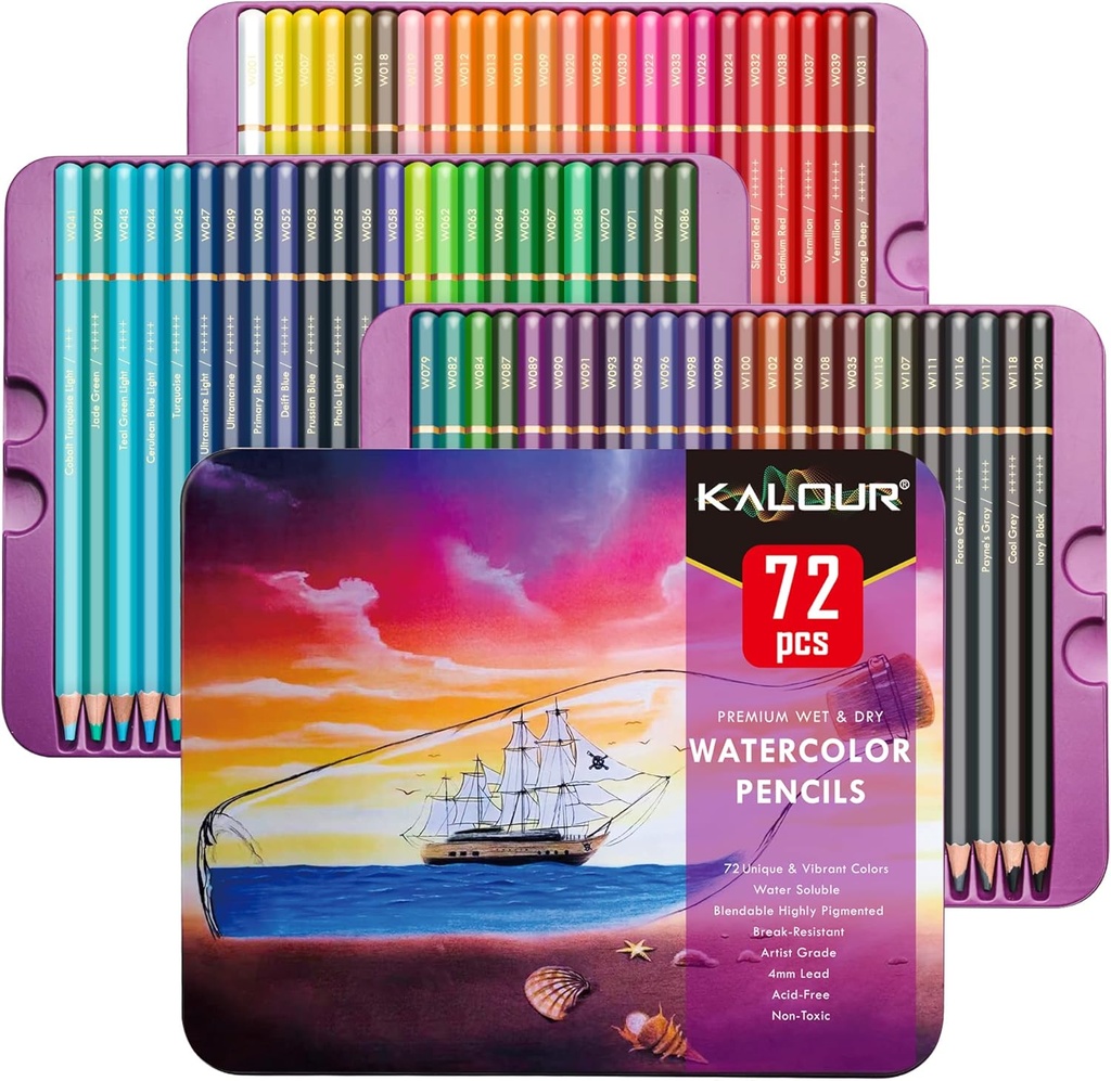 KALOUR 72 Professional Watercolor Pencils Numbered and Lightfastness