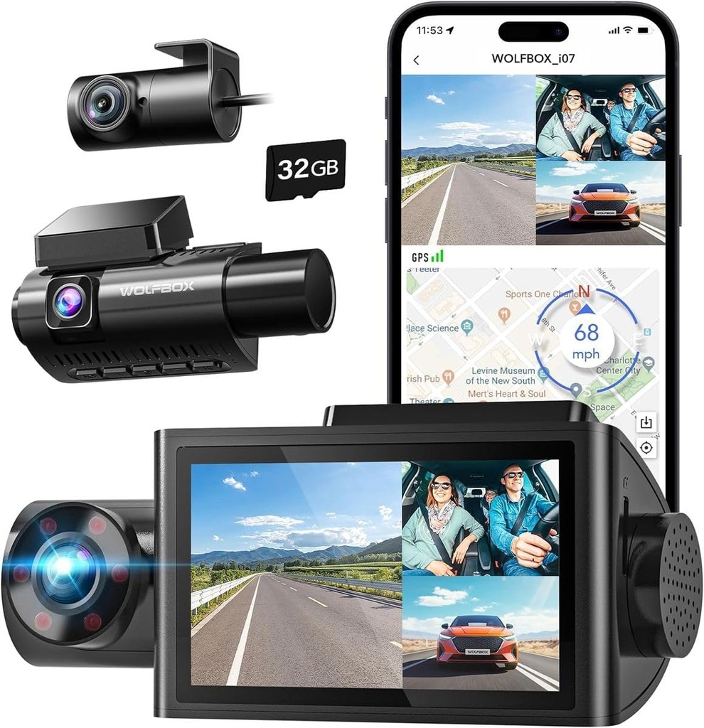 Wolfbox i07 Dash Camera 3 Channel with WiFi GPS 4K with LCD Screen Dash Cam